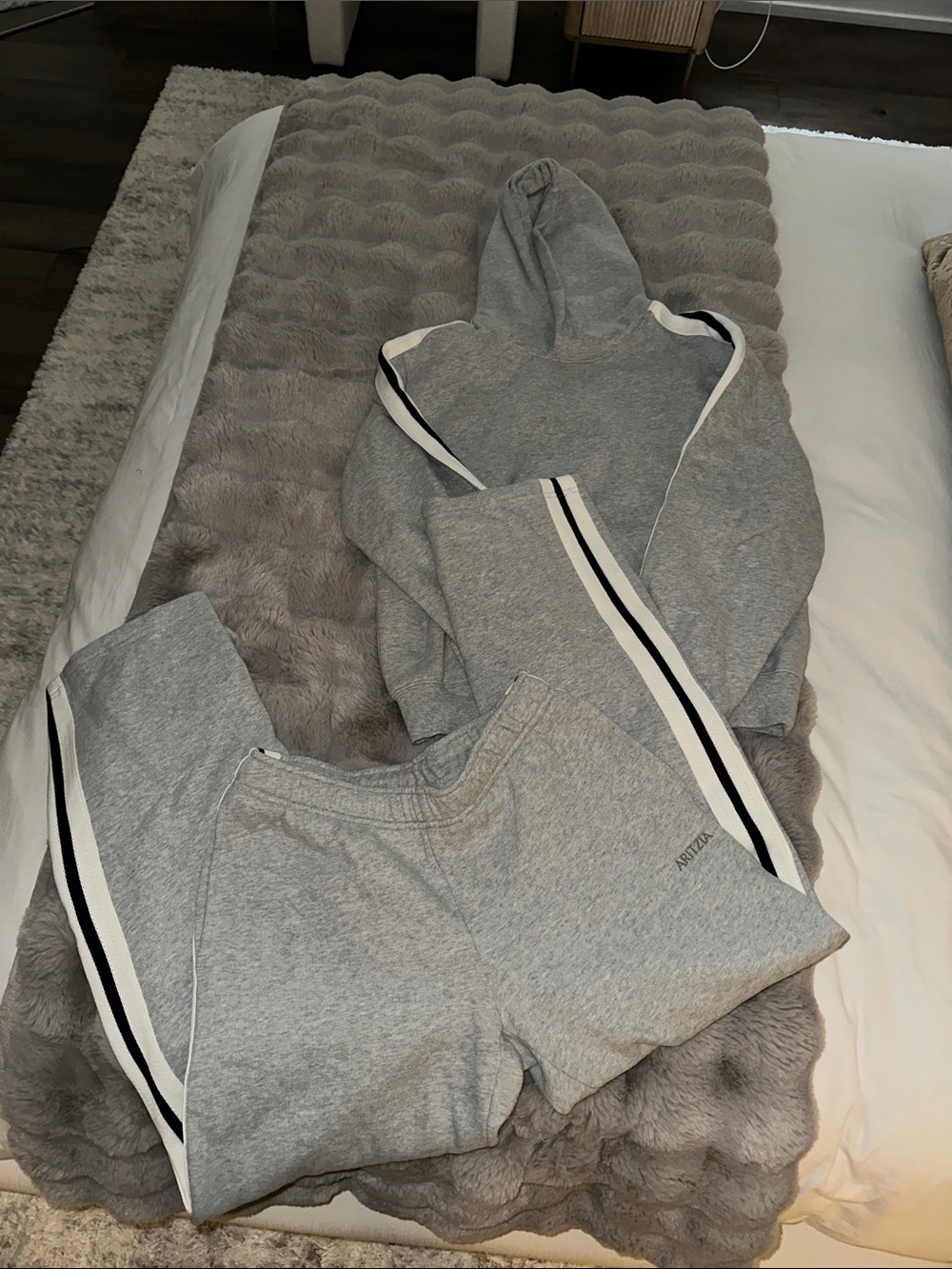 Aritzia Grey Hoodie and Sweatshorts with Black & White Side Stripes